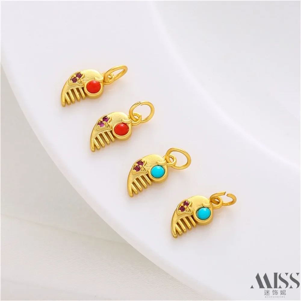 Mute Gold Color Retention Nanhong Green Pine Zircon Small Comb Pendant DIY Accessories Handmade Bracelet Necklace Jewelry Pendan