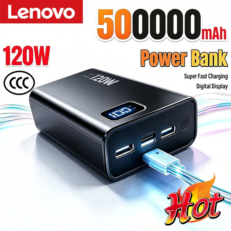 Lenovo 500000mAh Power Bank 120W Super Fast Charging Portable Large Capacity Digital Display External Battery Powerbank New