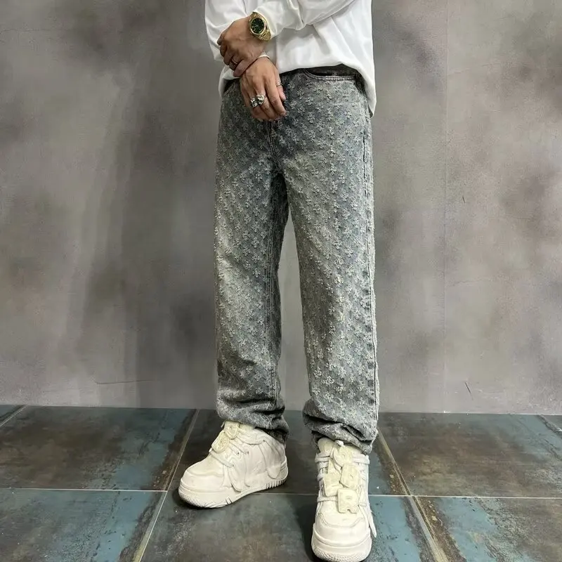 

2025American Retro Jeans Men's Spring and Autumn New Trend Brand Loose Jacquard Full Print Design Sense Niche Straight Leg Pants