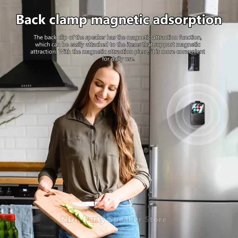 محمول صغير لاسلكي يعمل باللمس شاشة ذكية مشبك خلفي مكبرات صوت مغناطيسية للهاتف المحمول مع مشغل فتحة للبطاقات TF بلوتوث 5.4