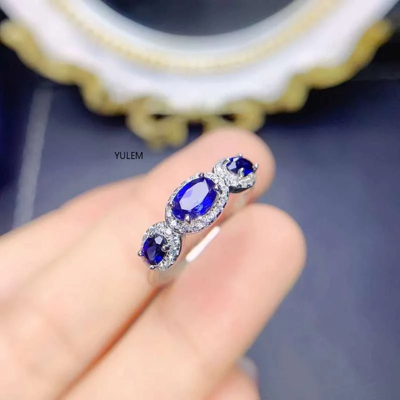 

YULEM Natural Sapphire Ring 925 Sterling Silver Threes Gem Stone for Women Engagement Rings for Women