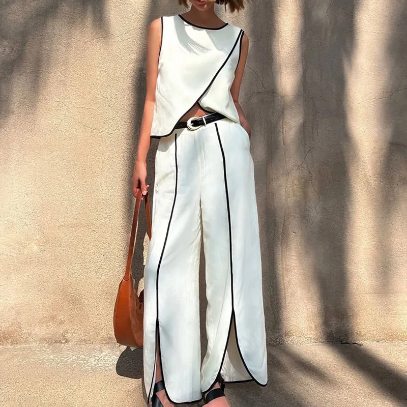 

Contrast color vest suit for women cross-design round neck sleeveless top slit trousers two-piece club clothing Vestidos