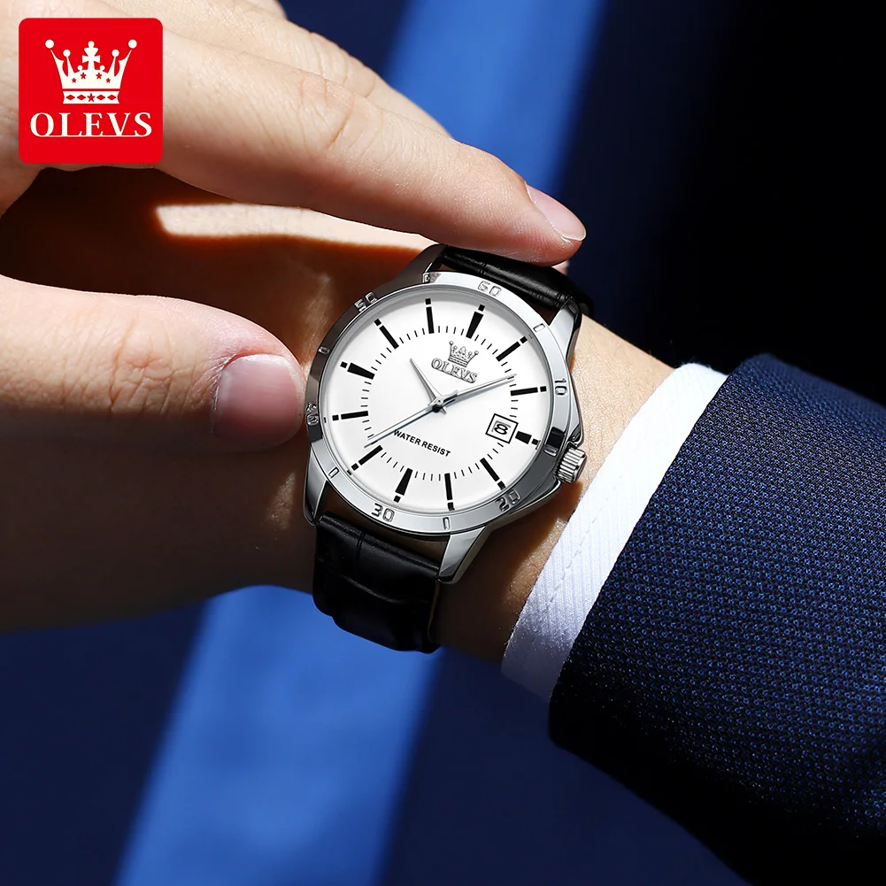 OLEVS TY716 남성용 캐주얼 패션 오리지널 쿼츠 시계 방수 야광 가죽 스트랩 날짜 표시 시계 (박스 포함)