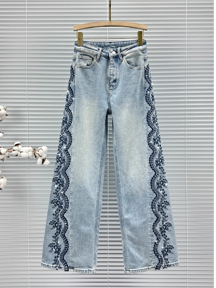 

Ретро джинсы с вышивкой, высокой талией, свободного кроя, стройнящие, женские повседневные широкие брюки, осенняя новинка, с термопечатью в виде бриллиантов