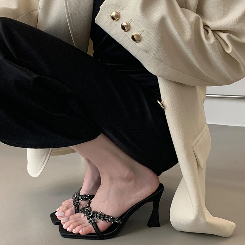 

Summer and Autumn Women's High Heel Slippers Crystal Open Toe Slides Elegant Evening Party Shoes Casual Pure Color Slip-Ons