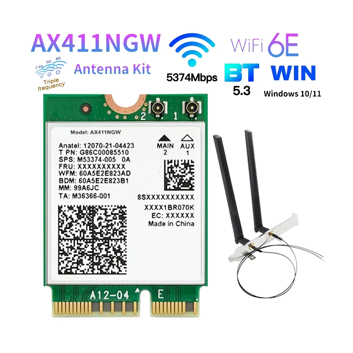 For Intel AX411 WiFi Card+2X8DB Antenna WiFi 6E CNVio2 BT 5.3 Tri-Band 5374Mbps Module for Laptop/PC Win10/11-64Bit