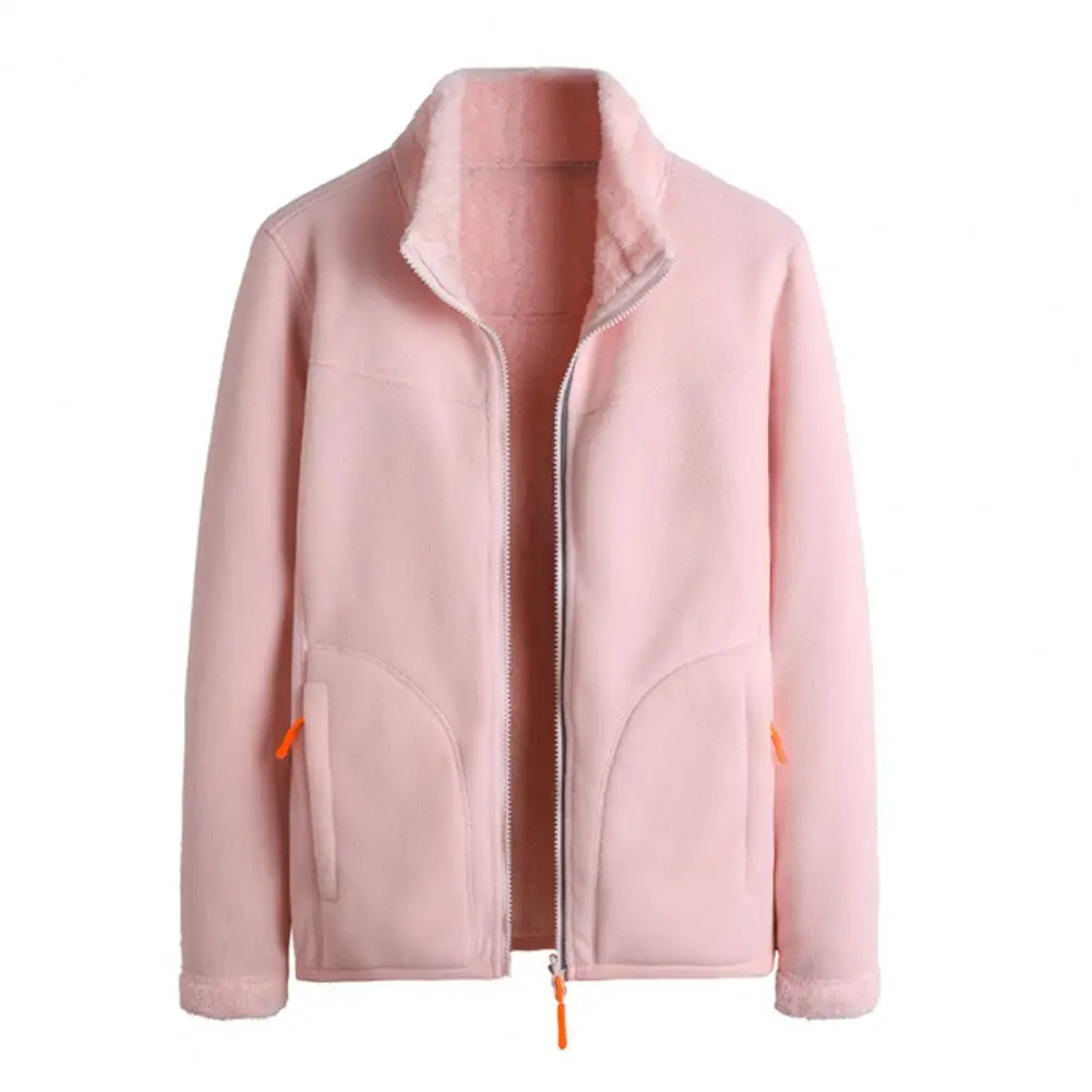 

Double-sided Wear Women Jacket Plush Winter Women's Coat with Stand Collar Zipper Pockets for Outdoor Work Thickened Long