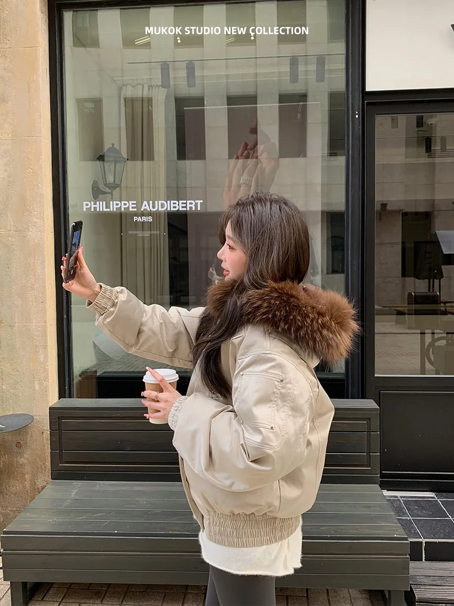 

Зимняя новинка MUKOK: Роскошная теплая куртка с технологией защиты от низких температур, из атласа и кроличьего меха, женская, утепленная, с длинными рукавами, на молнии, однотонная