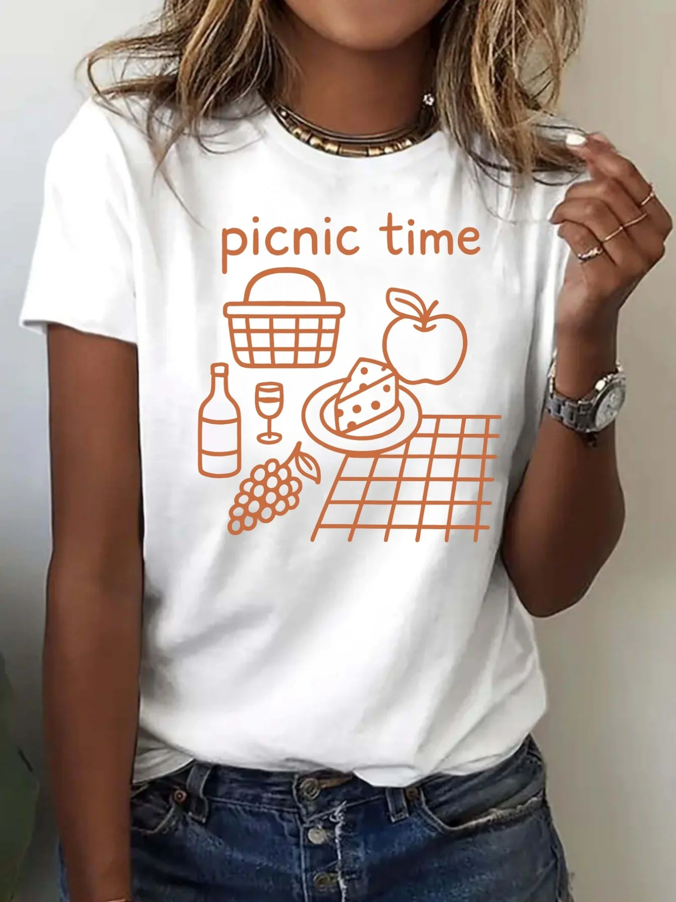Women's Retro Picnic Style Sleeve Picnic Element Printed Breathable Daily Wear Letter Pattern Adult Beach Trend Sleeve Suitable