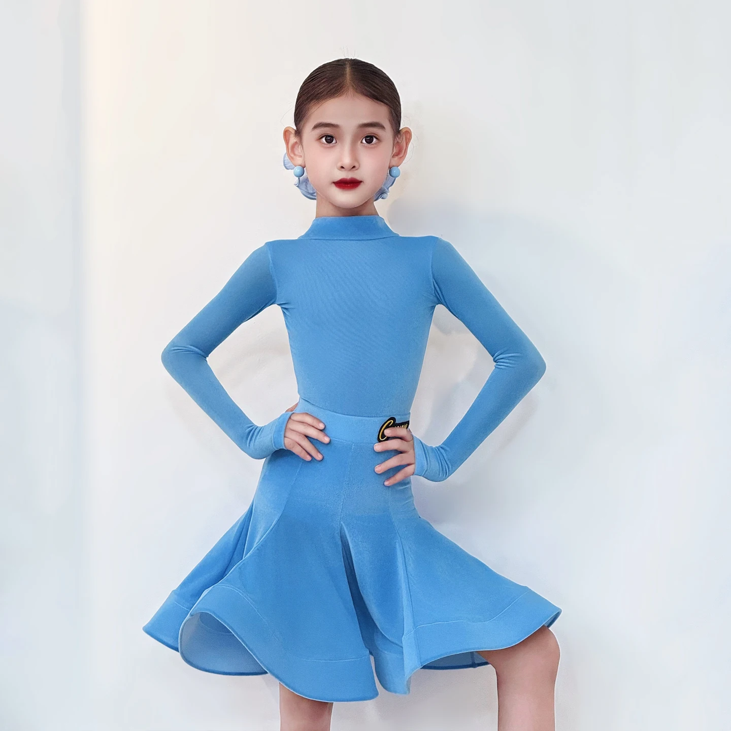 Mädchen Latin Dance Wettbewerb Kleidung Kind Bühne Leistung Anzug Professionelle Tanzen Outfit Langarm Latin Set Blau AMY2967