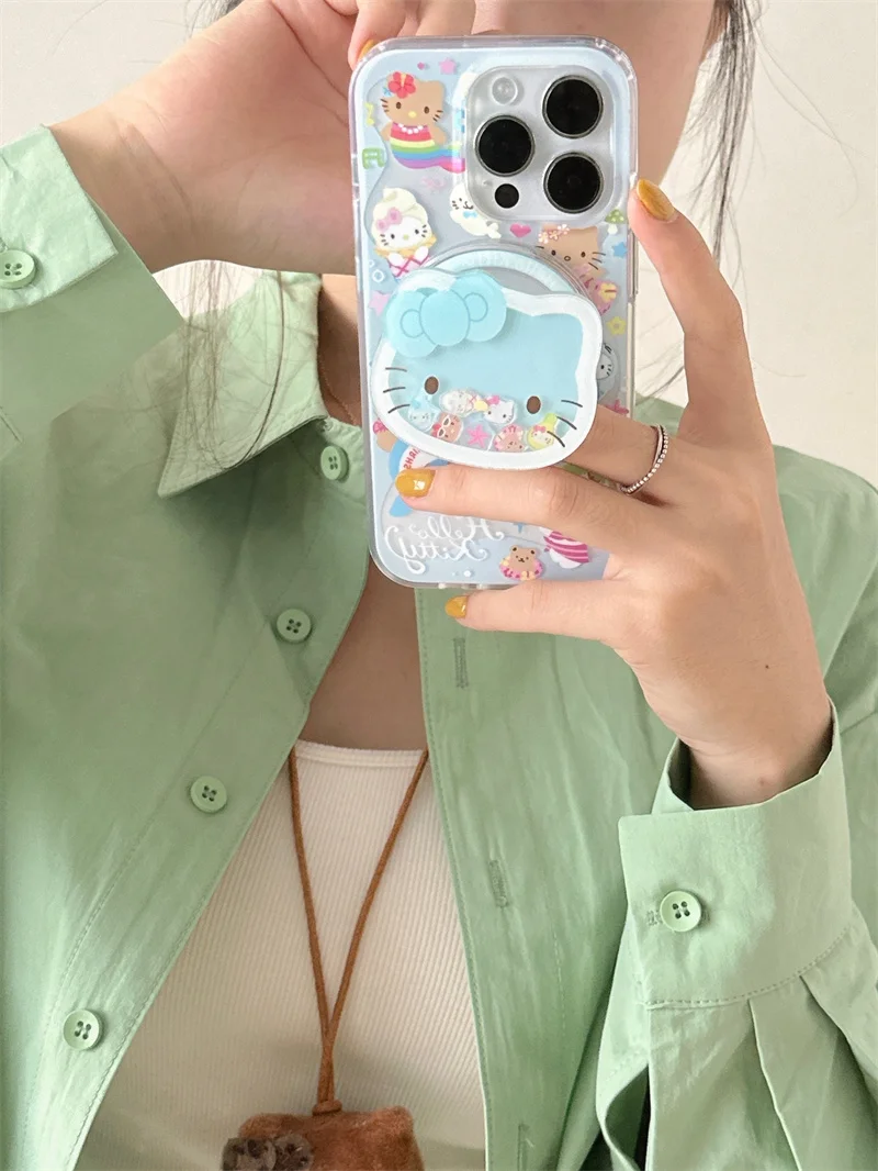 Sanrio Cute Hello Kitty Mermaid Magsafe Wireless Charge Phone Case For iPhone 12 13 14 15 Pro Max 3D KT Magnetic Stand Cover