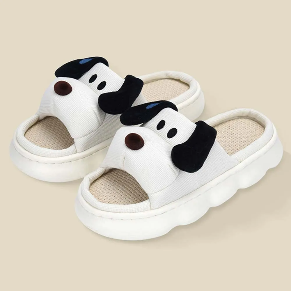 

Милые льняные тапочки с собачками, летние модные парные тапочки, толстая подошва, нескользящие, удобные, мягкие домашние тапочки, повседневные сандалии с широким верхом