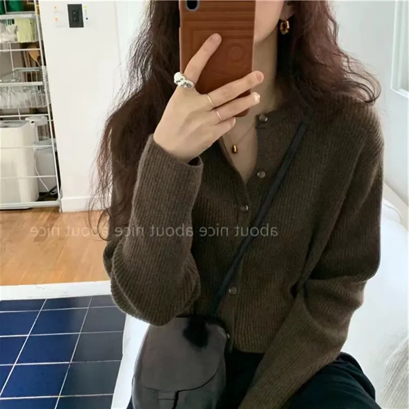 Sweter rozpinany z czystej wełny, kurtka, jesień/zima 2025, damski sweter z okrągłym dekoltem, dzianina kaszmirowa, moda koreańska, odzież damska.