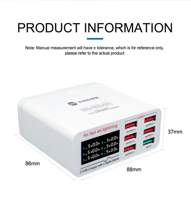 SUNSHINE SS-304Q Fast Charging 6-Port USB, Supporting Simultaneous Charging of Multiple Devices Such as Mobile Phones and Tablet