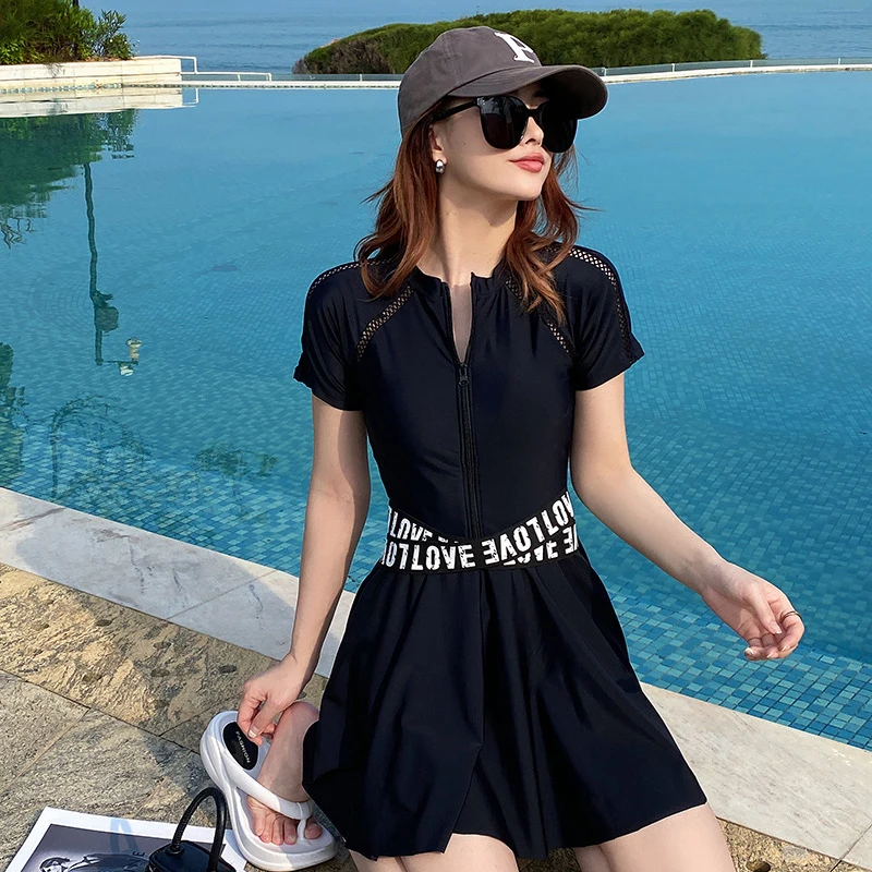 Large Size Swimwear Women Two Piece Swimsuit With Skirt Short Sleeve Swimming Suit Boxer Bottom Beachwear Hot Spring Clothes