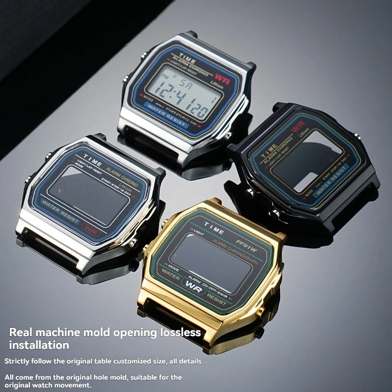 طقم عصري من الفولاذ المقاوم للصدأ لـ Casio A158/A159 WA/F91-إطار معدني مع عدسة زجاجية مقاومة للماء |   اكسسوارات الساعات DIY