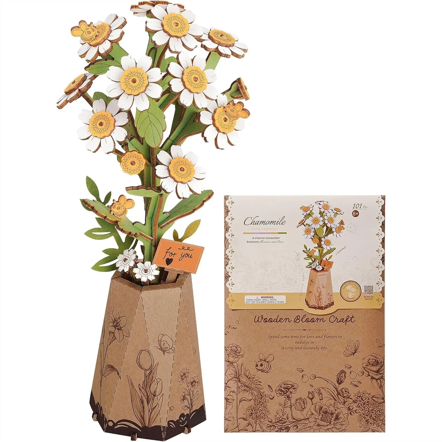 

3D Flower Wooden Puzzles for Adults - Chamomile DIY Model Kit, 101PCS Craft Gift for Mother's Day, Home Office Decor