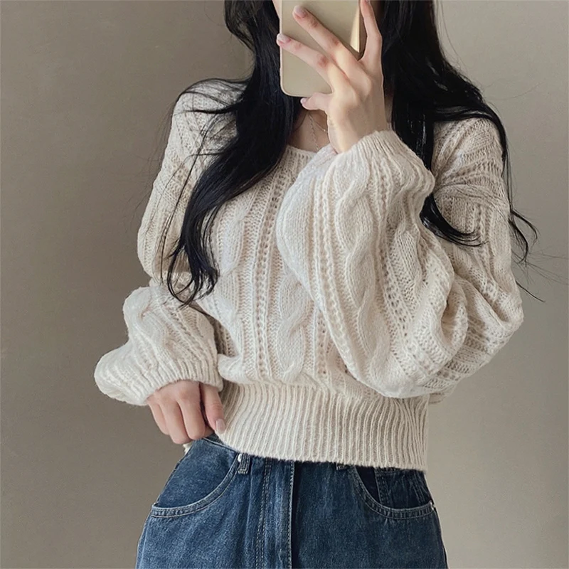 Vintage torção gola quadrada camisola feminina primavera outono chique cintura cinched recortado pullovers coreano cor sólida camisola de malha