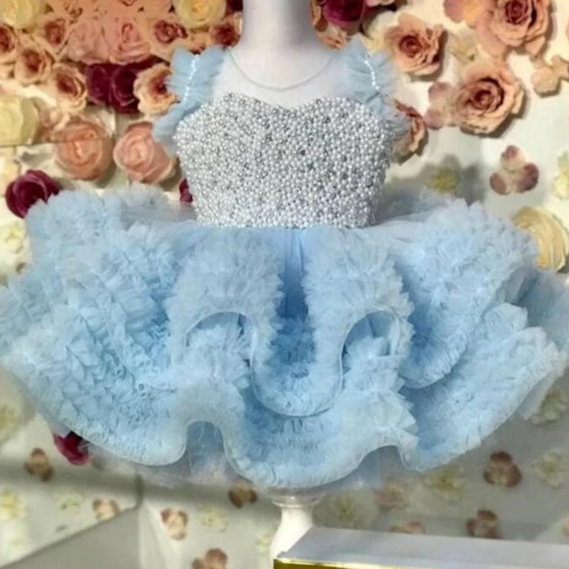 Vestidos de flores verdes para niña, tul hinchado, Top escalonado de perlas con lazo, sin mangas para boda, fiesta de cumpleaños, banquete, vestidos de princesa