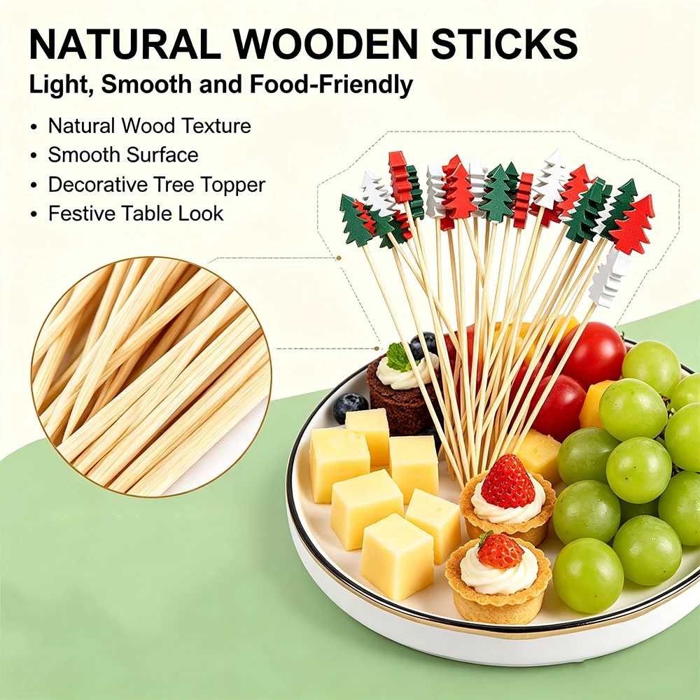 100PCS Disposable Christmas Tree Cocktail Picks, Colorful Decorative Bamboo Sticks, Holiday Food Garnish for Xmas Gathering, Fruit, Desserts, Drink Decoration - view 5