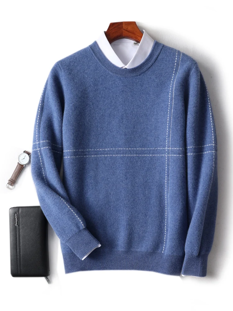 

New Men's Cashmere Sweater Simple Lines O-neck Pullovers 100% Merino Wool Knitwear Autumn Winter Thick Casual Male Clothing Tops