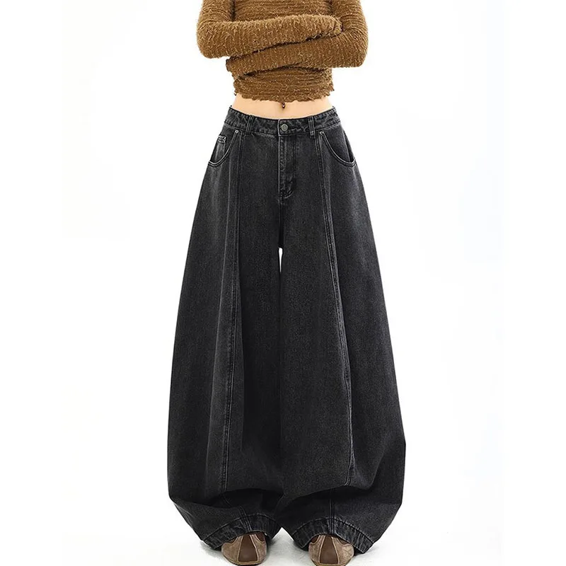 Women Straight Leg Floor Length Jeans Autumn Femme High Waist Casual Denim Pantalons Retro Ladies Loose Wide-leg Cowboy Trousers