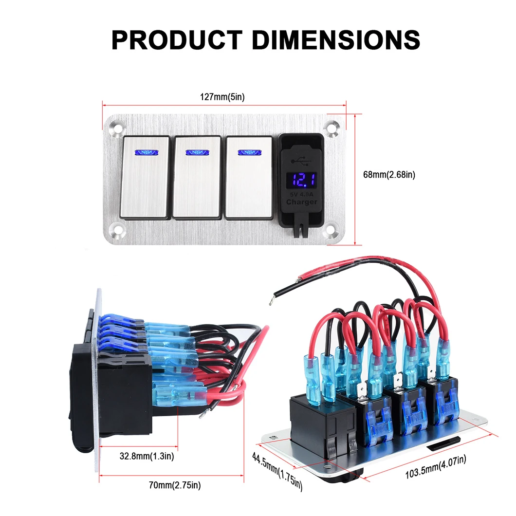 ABILKEEN Car Modification Switch Car Charger Panel 1/2/3/5/7 Rocker Switch+5V 4.8A Dual Port USB Car Charger Digital Voltmeter