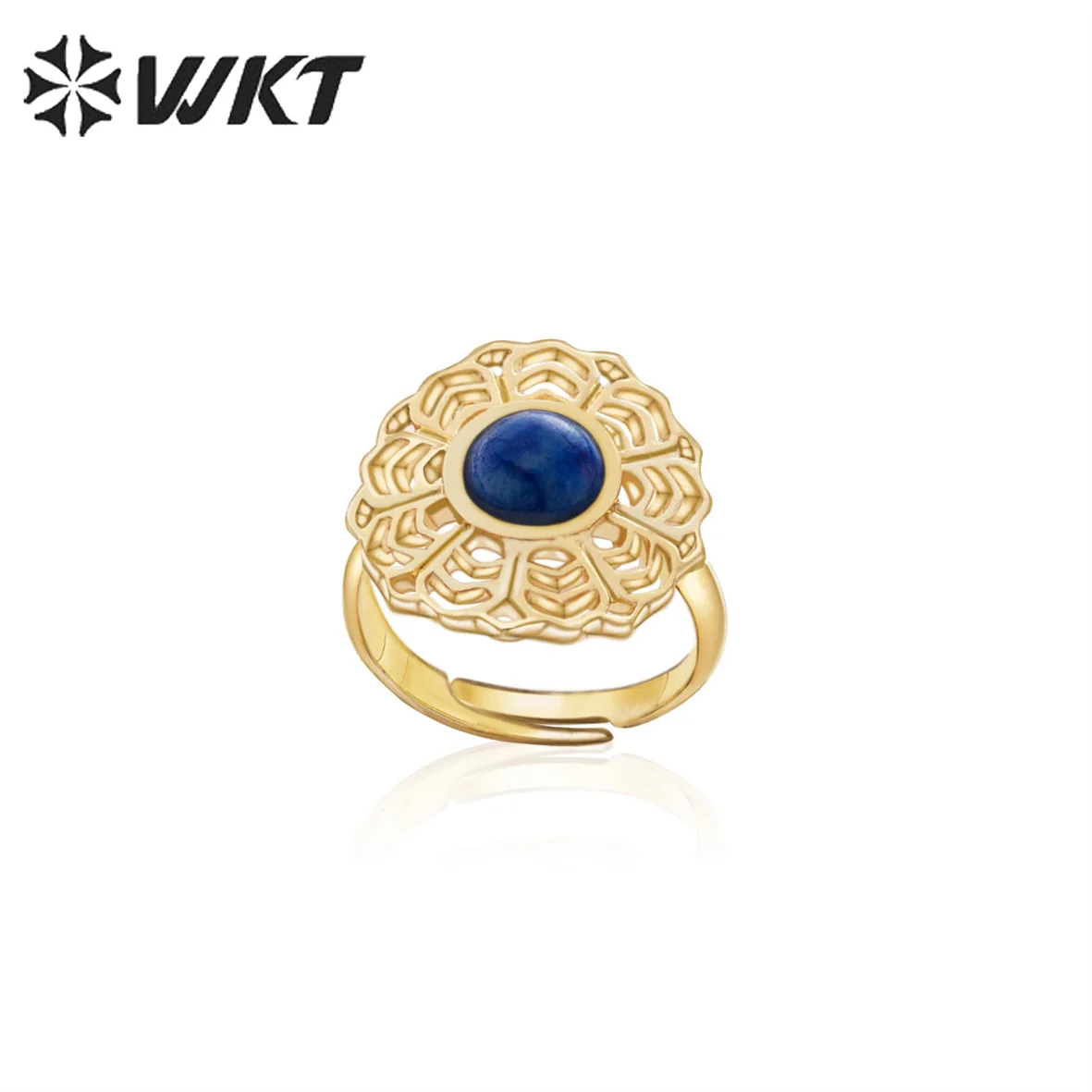 WT-R397 WKT Fairy Stainless Steel Resizable Ring Hollow Flower Matching Lapis Stone For Ladies Jewelry Open Ring Wholesale