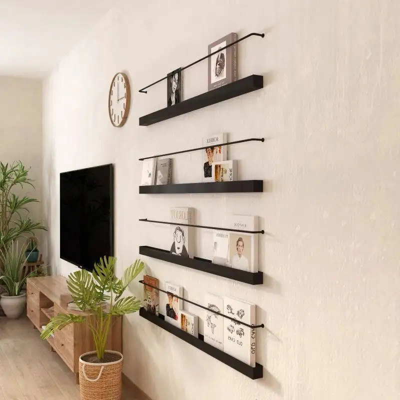 Scandinavian Metal Wall Shelf Minimalist Floating Storage Rack for Living Room Magazines Display