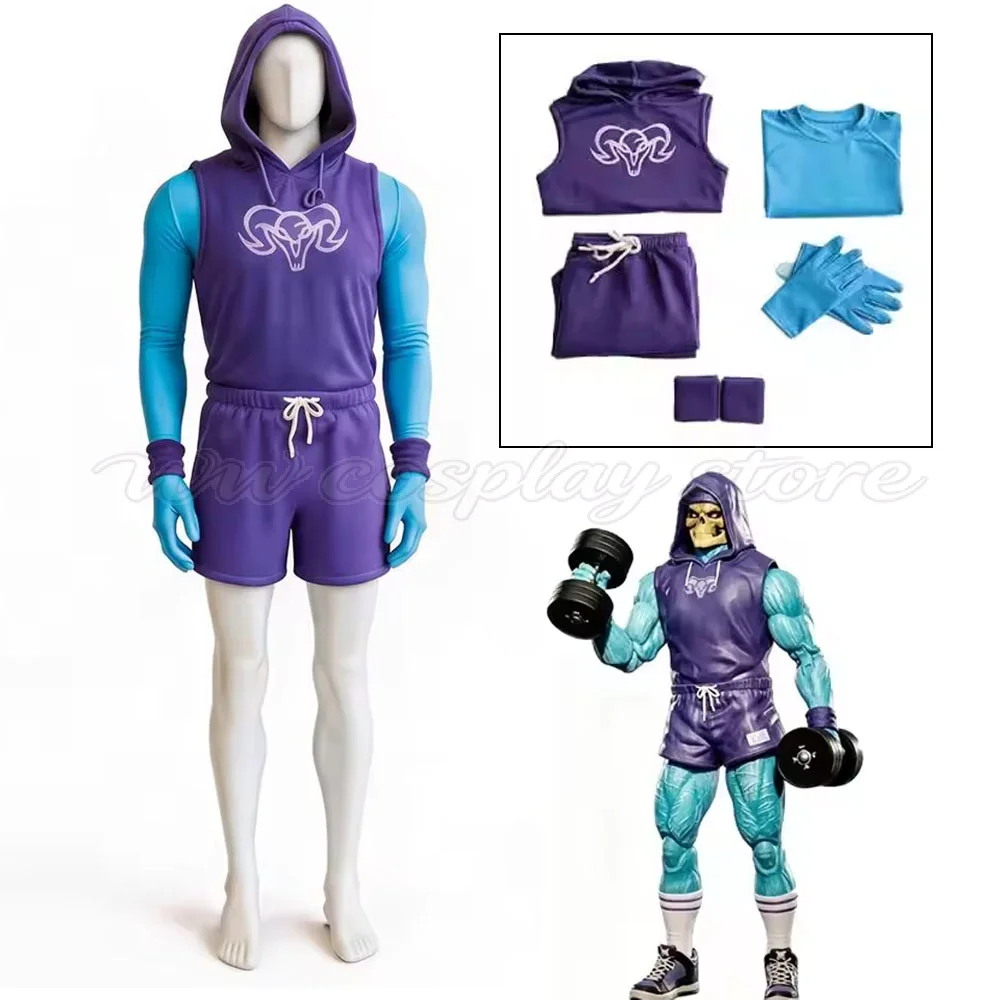 He-Man Gym Bro Skeletor Cosplay-Kostüm für Herren, Workout-Lila ärmelloses Hoodie-Shorts-Set, komplett für Halloween, Comic Con, Verkleidung