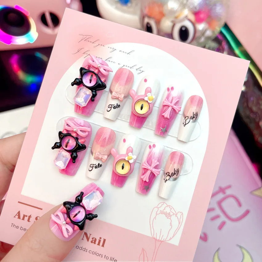 y2k Pink Press on Nail 3D Demon Bear Design False Nail Patch Full Finished Handmade Wearable Sweet Candy Fake Nails Patches