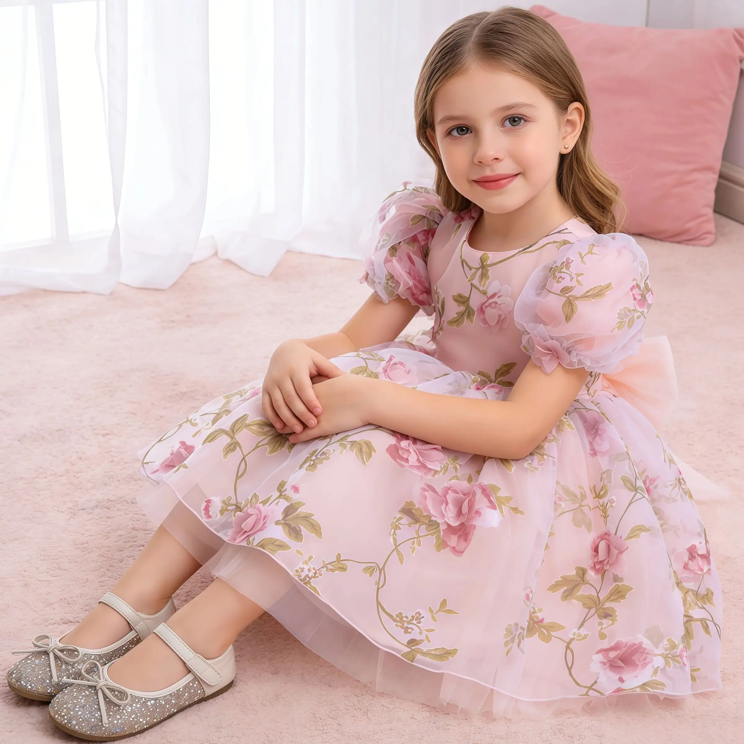 

2 4 5 6 Years Summer Children Party Dresses For Girls Flower Elegant Wedding Dress With Bow Children Birthday Prom Evening Gown