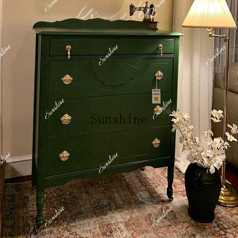 French retro solid wood light luxury green simple storage drawer cabinet  FT