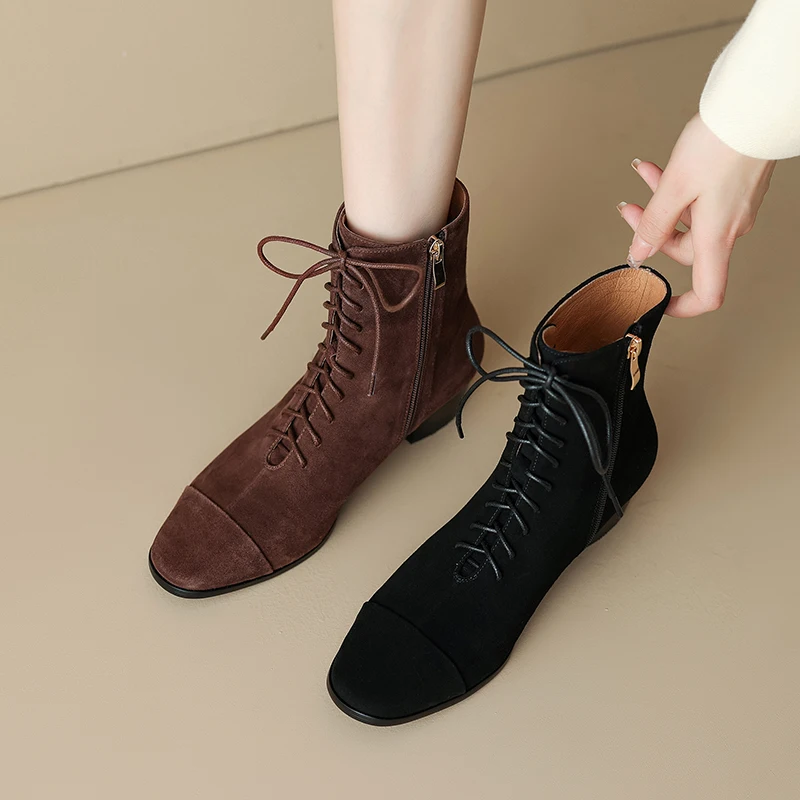 

Hot Cross-tied Women Ankle Boots Size 34-39 Autumn and Winter Boots Women Round Toe Sheep Suede Mid-heels Booties 2 Colors