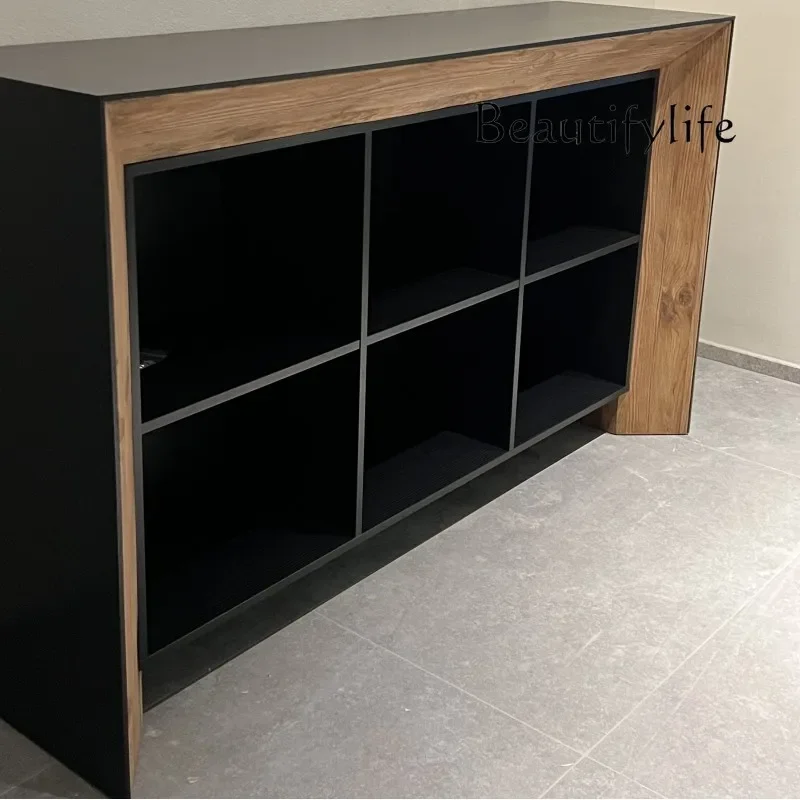 L Black solid wood dining side cabinet oak retro old six-grid storage cabinet living room decoration porch fireplace cabinet