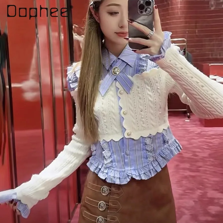 

Ruffle Stripe Shirts Knit Patchwork Preppy Style Women Pearl Lapel Irregular Hem Long Sleeve Tie Single-breasted Elegant Korea