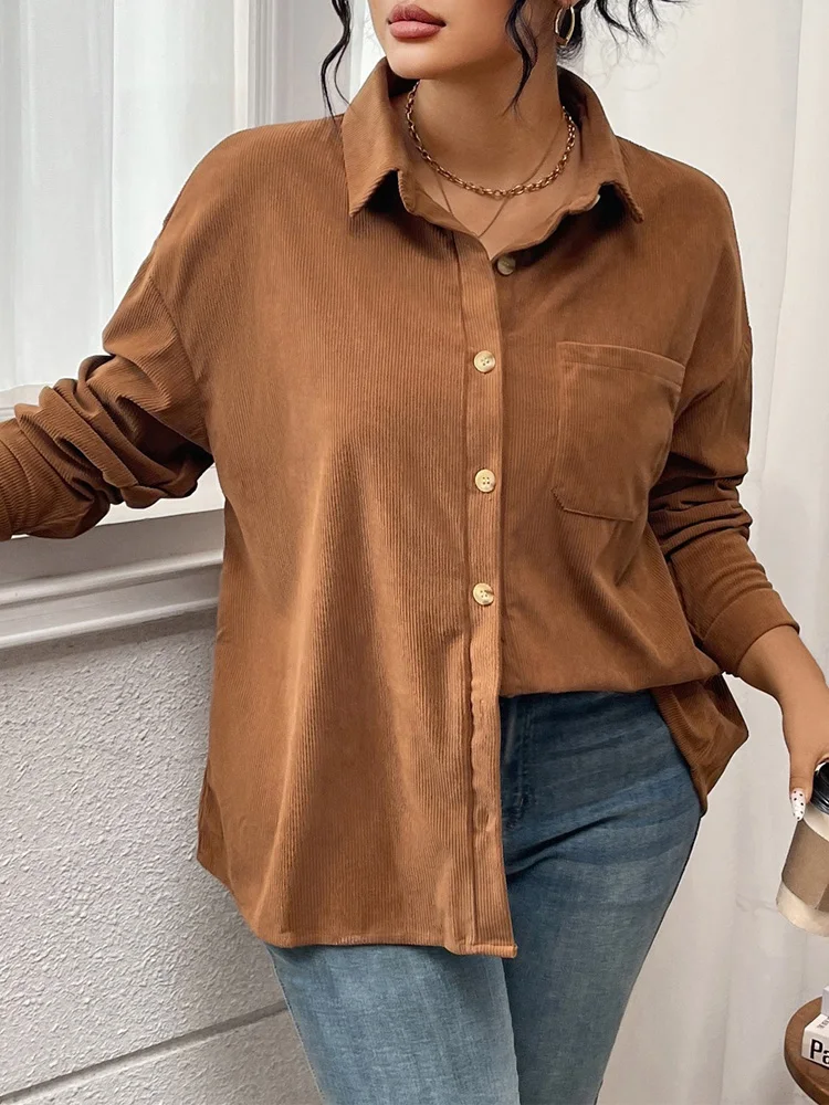 GIBSIE حجم كبير الصلبة واحدة الصدر سروال قصير قميص سترة المرأة 2025 الخريف والشتاء ملابس خارجية عادية كم طويل بلايز #5