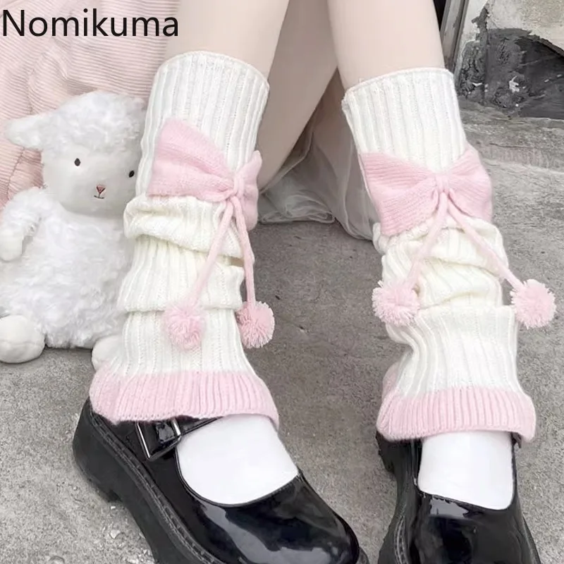 

Lolita Style Y2k Girls Cute Bow Plush Ball Leg Warmers Socks Japanese Kawaii Sweet JK Pink Ruffles Knitted Warm Leg Cover 49C123