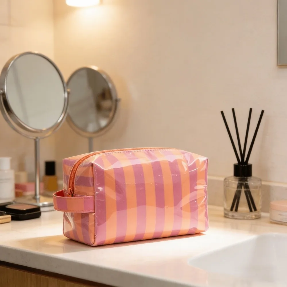 Waterproof Striped Toiletry Bag Pink Large Capacity PVC Makeup Organizer Portable Simple Toiletry Storage Bag Weekend Getaway