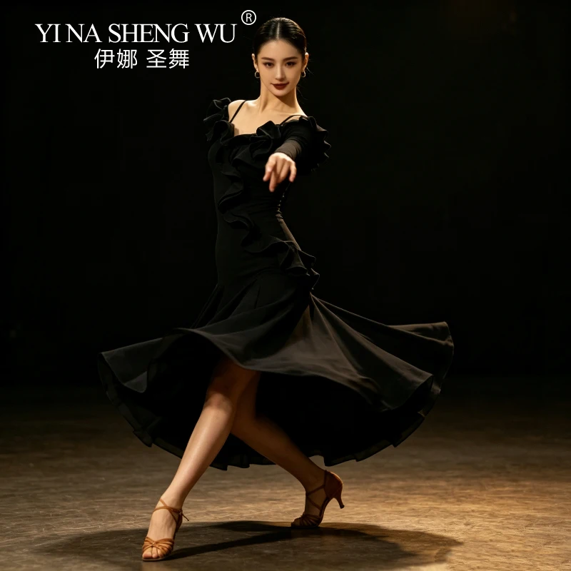 Women Elegant Ruffle Modern Dance Dress Off Shoulder Long Sleeve Black Ballroom Waltz Tango Competition Dress