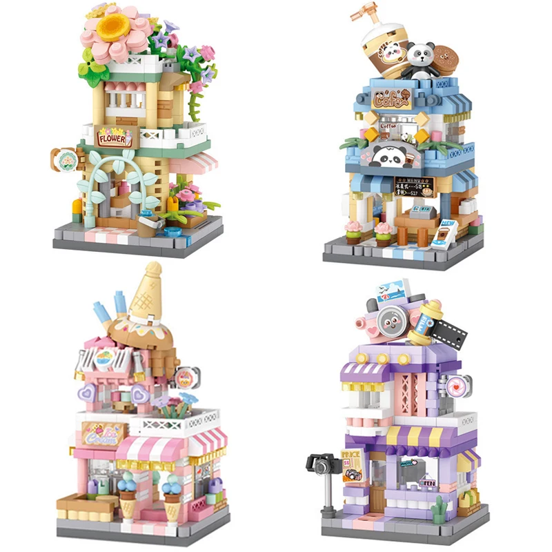 City Street View Building Blocks, DIY Ice Cream Coffee Flower Shop Model, Decor Building Toy Holiday Gift