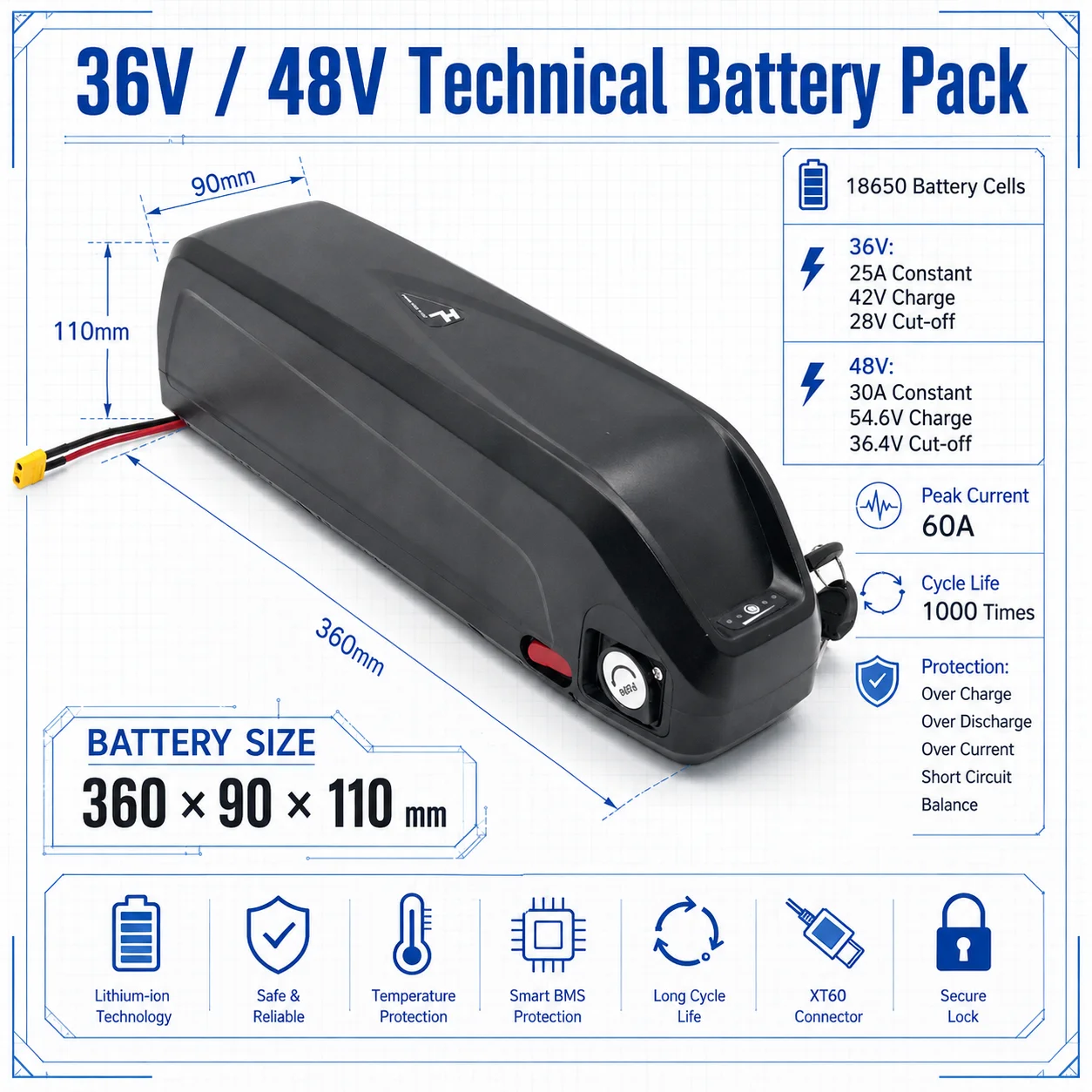 Elektrofahrrad-Akkupack 48V Passend für Bafang BBS02 BBS03 BBSHD Motor mit BMS
