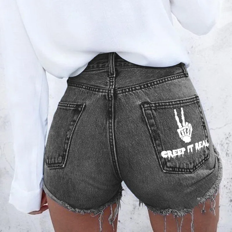 Denim Shorts For Womenladies High Street Personality Printing Punk Raw Edge Summer New Denim Shorts Hot Pants Wholesale