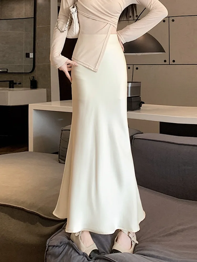 2025 Spring and Summer New Silky Satin Drape Mid-Length Skirt High Waist Slimming Versatile Fishtail Skirt Long dress Women