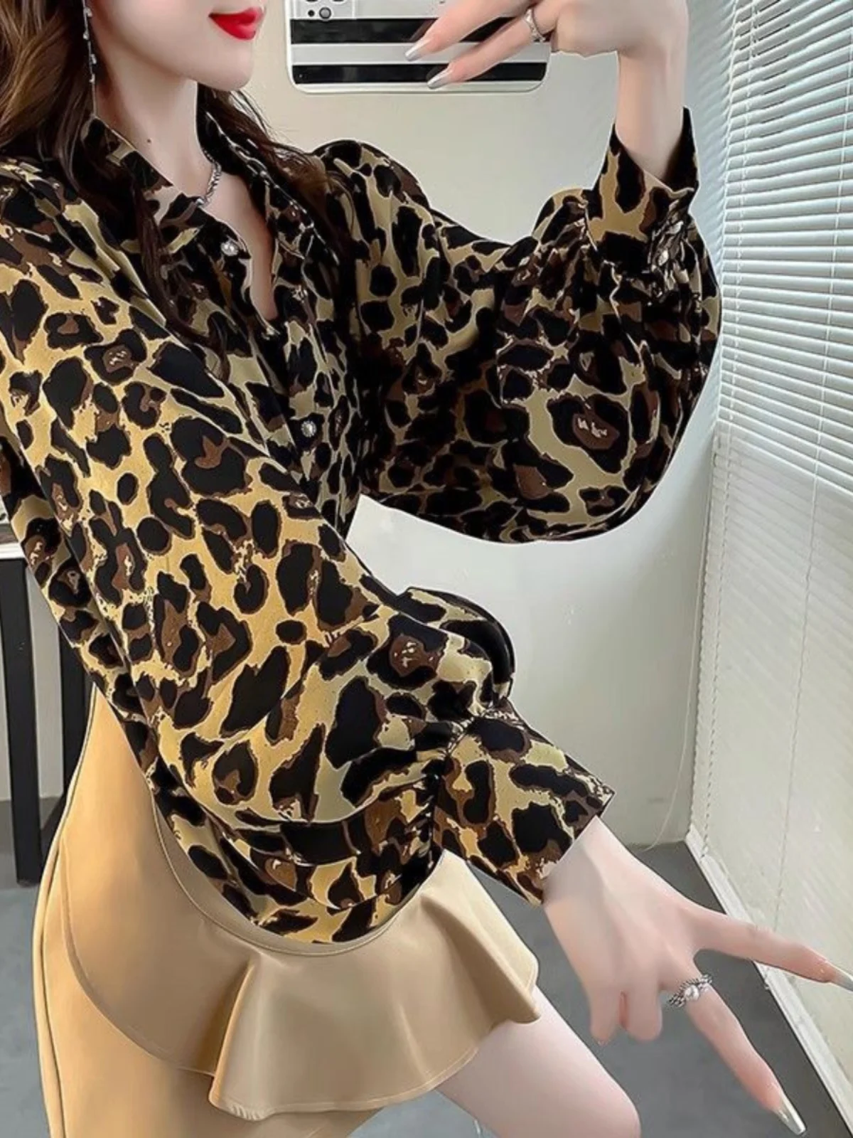 Slimming Lantern Sve Printed Leopard Pattern Faion Top Women's Autumn irt Chiffon Sle Commute Loose Long Sve ...