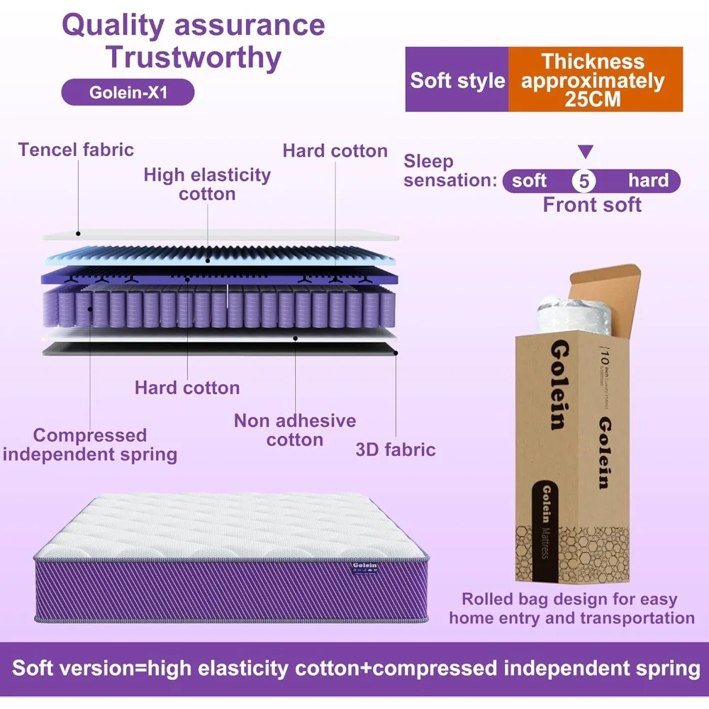 Colchão híbrido de tamanho completo de 10 polegadas com espuma viscoelástica e bobinas com bolsos - Colchão roxo Cama completa de 10" em uma caixa