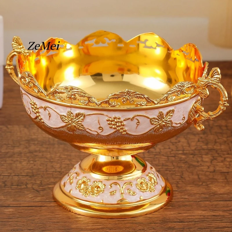 European-Style Patterned Fruit Plate,Portable Alloy Luxurious Bright Gold Tray,Home Living Room High-Foot Snack Plate Decoration