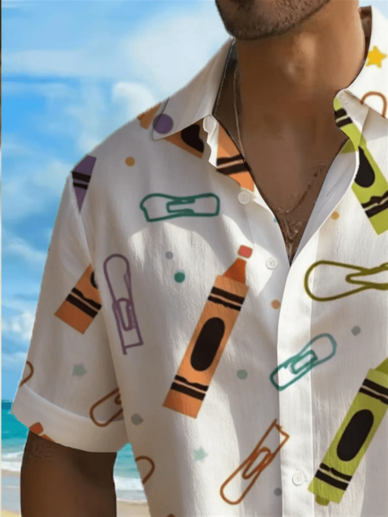 

Mens 3D Printed Crayon Pattern Casual Beach Short Sleeve Button Up Shirt
