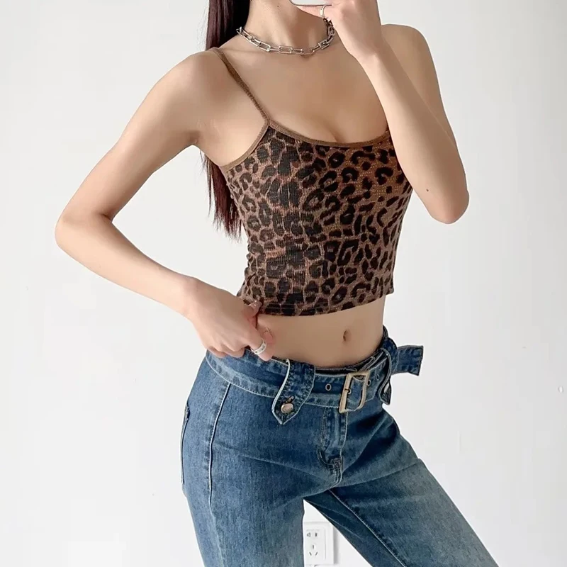Frauen Leibchen Leopard Print Crop Tops Vintage Y2k Sommer Mode Streetwear Tank Top Weibliche Sexy Ärmel Off Schulter Weste