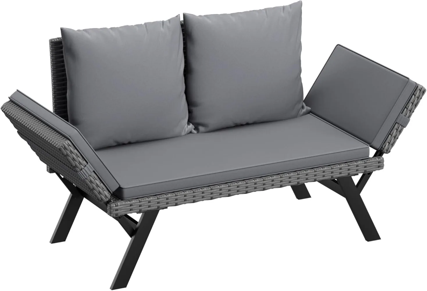 Outdoor Convertible Sofa, Woven Rattan Patio Furniture Sunbed with Adjustable Armrests(Grey Lounger & Grey Pillowcase)